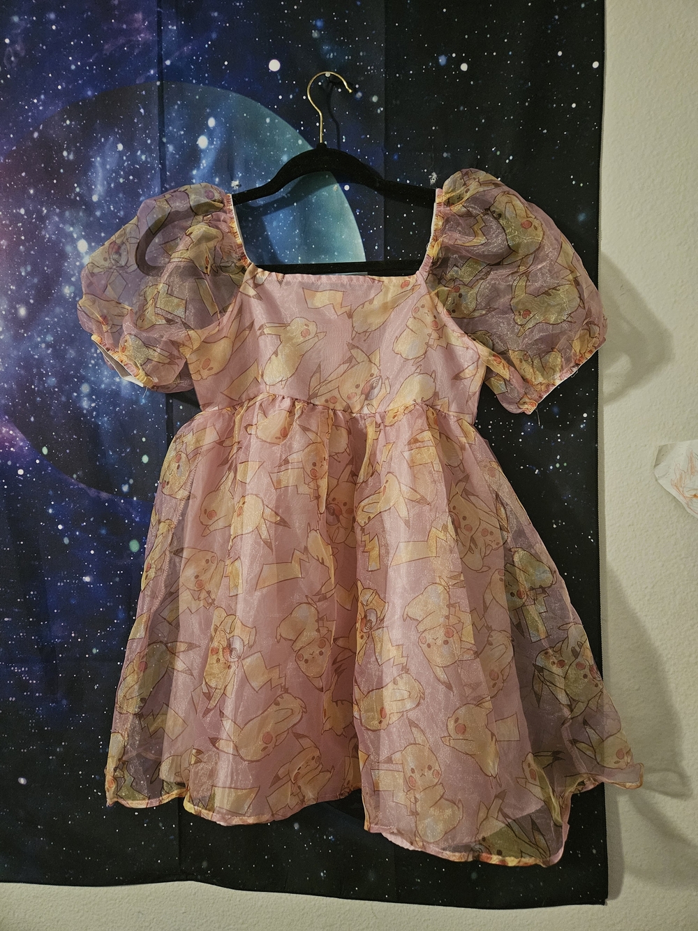 Pokémon Pikachu Pink Organza Puff Sleeve Babydoll Dress Girls Size XL 14